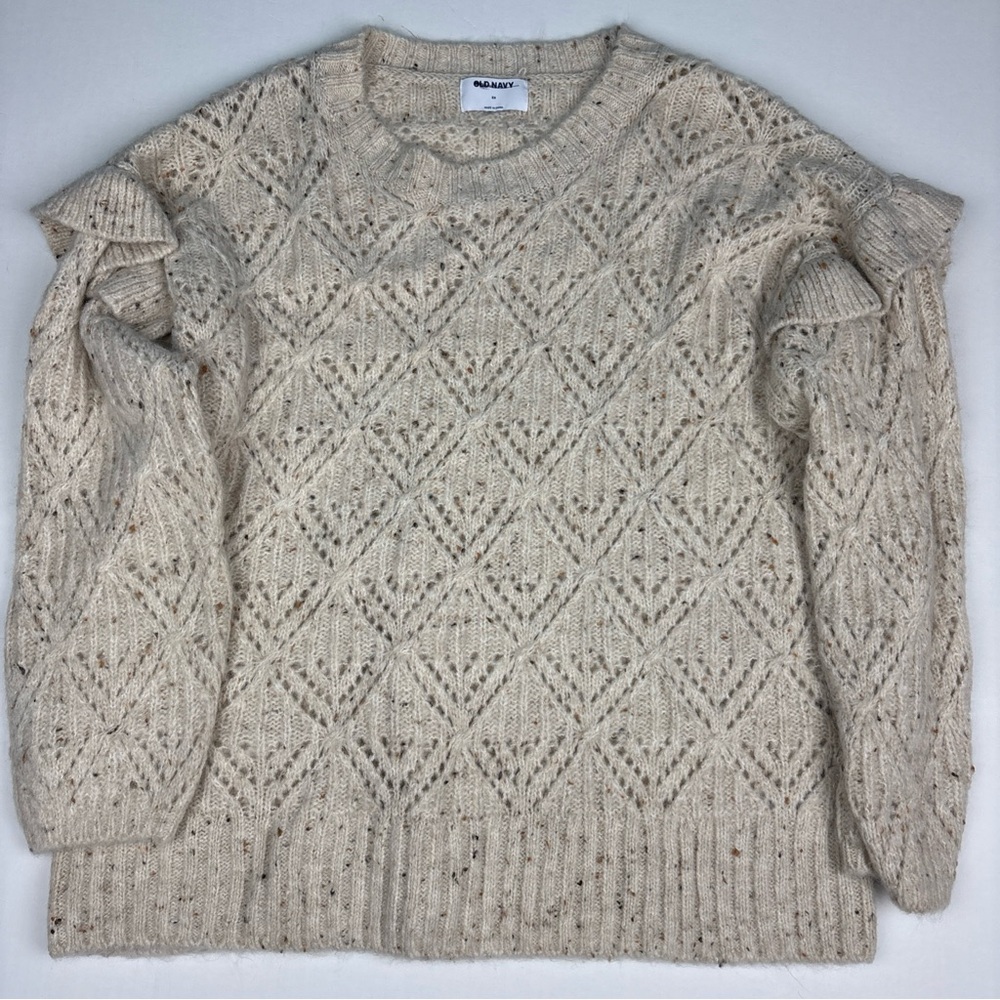 Old Navy Women 2X Sweater Beige Speckle Ruffle Sleeve Knit Acrylic Poly Wool